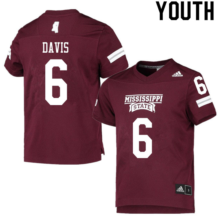 Youth #6 Jordan Davis Mississippi State Bulldogs College Football Jerseys Sale-Maroon